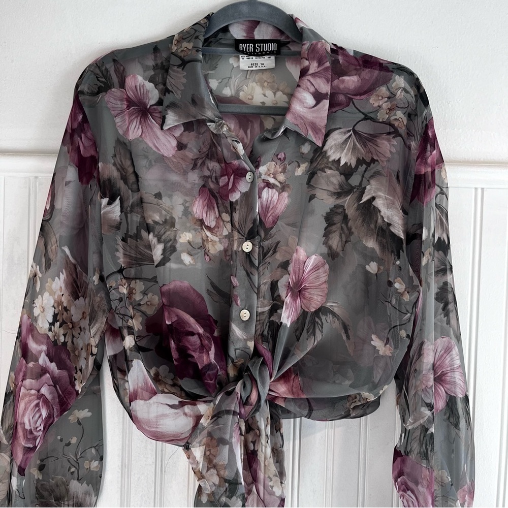 Vintage Byer Studio Sheer Floral Button Up Women’s 14 Cottage Core Green - Picture 4 of 10